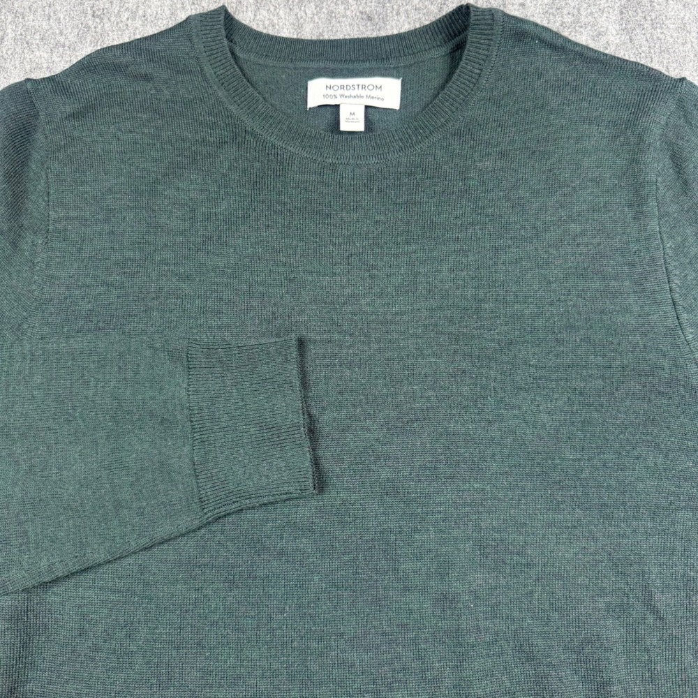 Nordstrom Sweater Mens Medium Green Washable Merino Wool Crewneck Quiet Luxury